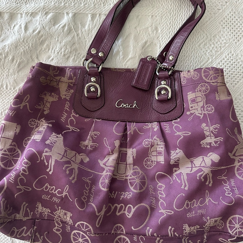 Coach Purple Signature Tote with Leather Trim